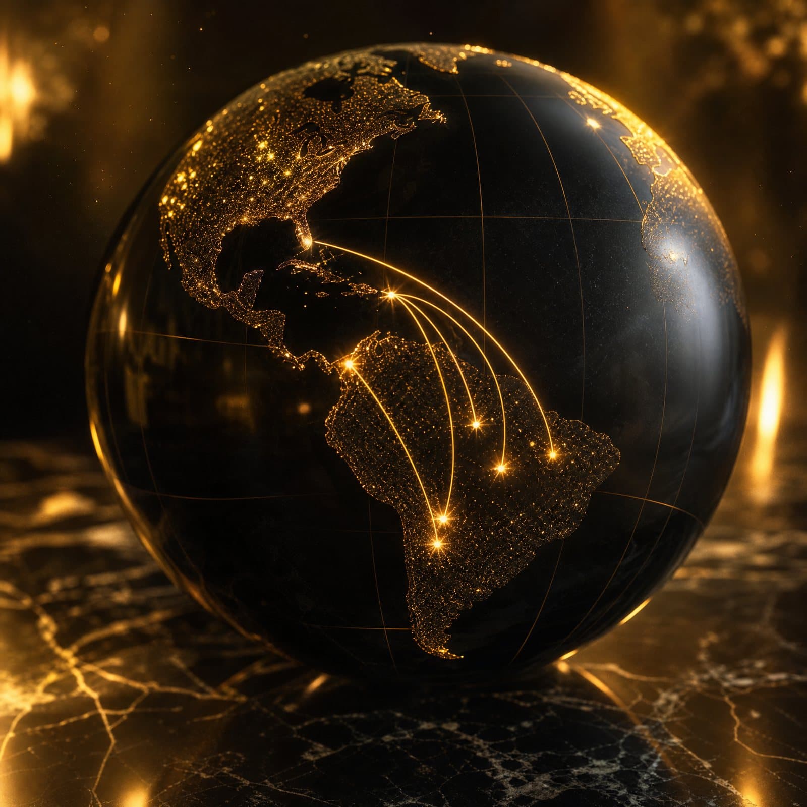 Globo terráqueo oscuro con rutas doradas desde Miami hacia Colombia y Venezuela