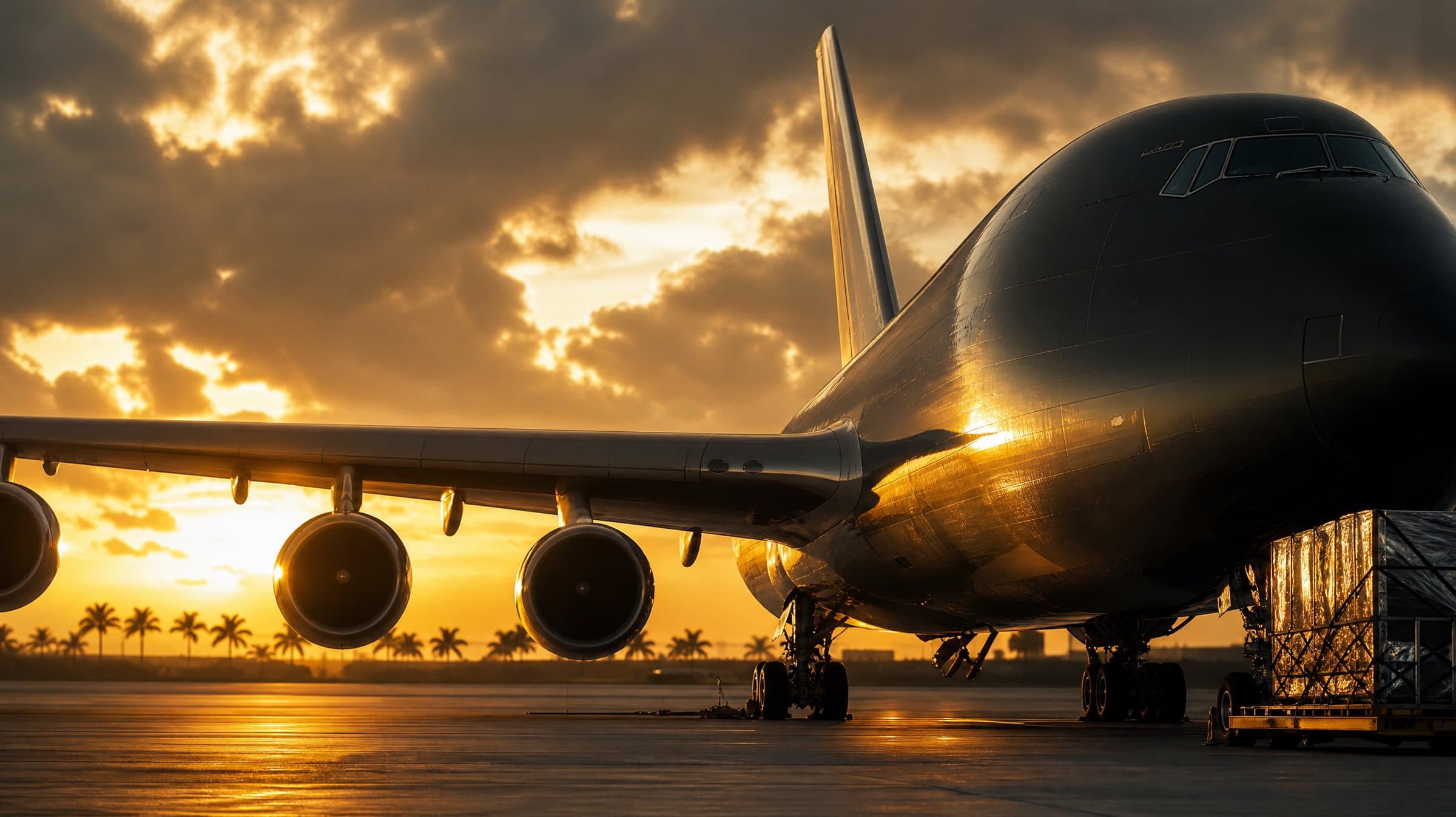 Avión de carga en la plataforma del aeropuerto de Miami al atardecer